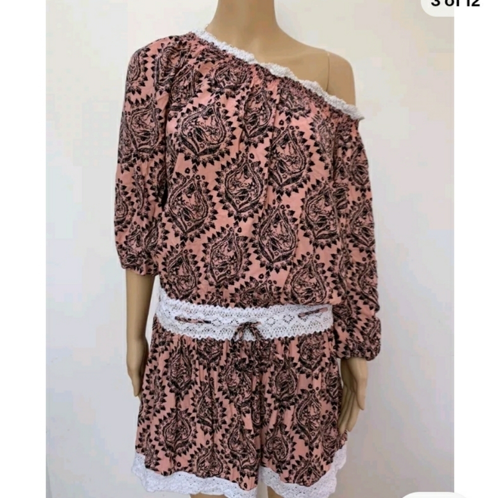 Free People Mini Dress 3/4 Sleeve Off  Shoulder Printed Black Coral Boho Small - Picture 4 of 13